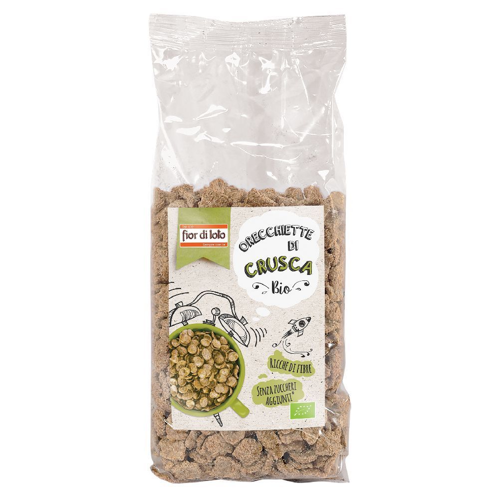 Confezione trasparente di Orecchiette di Crusca Bio. Stampa con nome del prodotto, illustrazioni e marchio biologico.