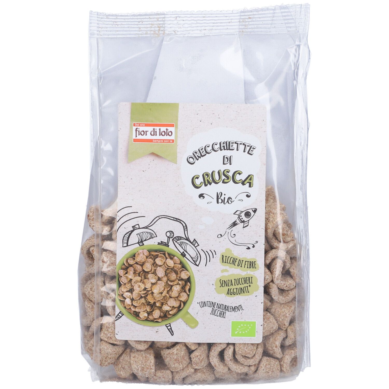 Confezione trasparente di Orecchiette di Crusca Bio. Vista frontale con nome del prodotto, illustrazioni e marchio biologico.