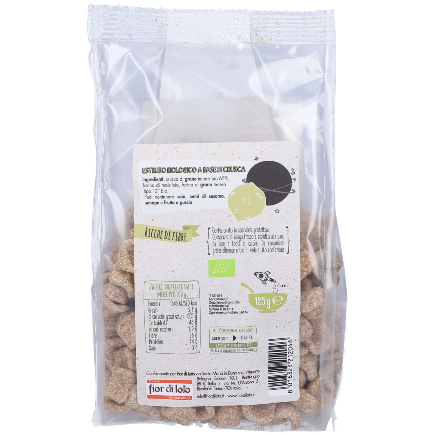 Retro di una confezione trasparente di Orecchiette di Crusca Bio. Contiene informazioni nutrizionali e lista ingredienti.