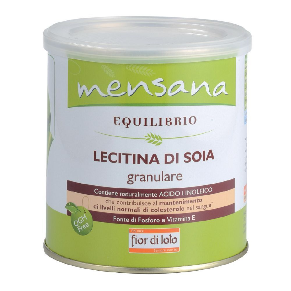 Barattolo rotondo con etichetta verde. Scritta: mensana, EQUILIBRIO, LECITINA DI SOIA granulare. Sigillo OGM Free.