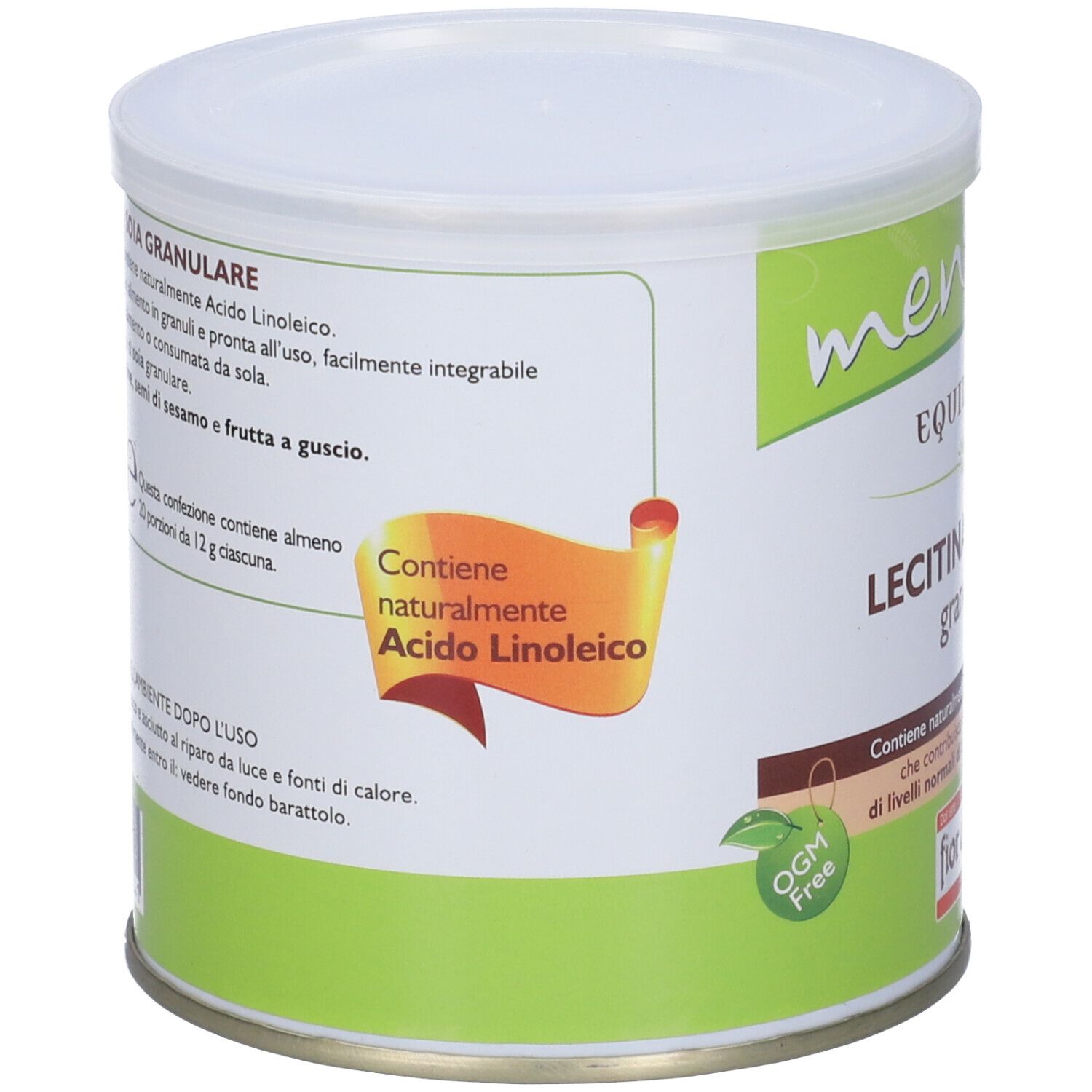 Barattolo rotondo con etichetta verde. Scritta: mensana, EQUILIBRIO, LECITINA DI SOIA granulare. Sigillo OGM Free.