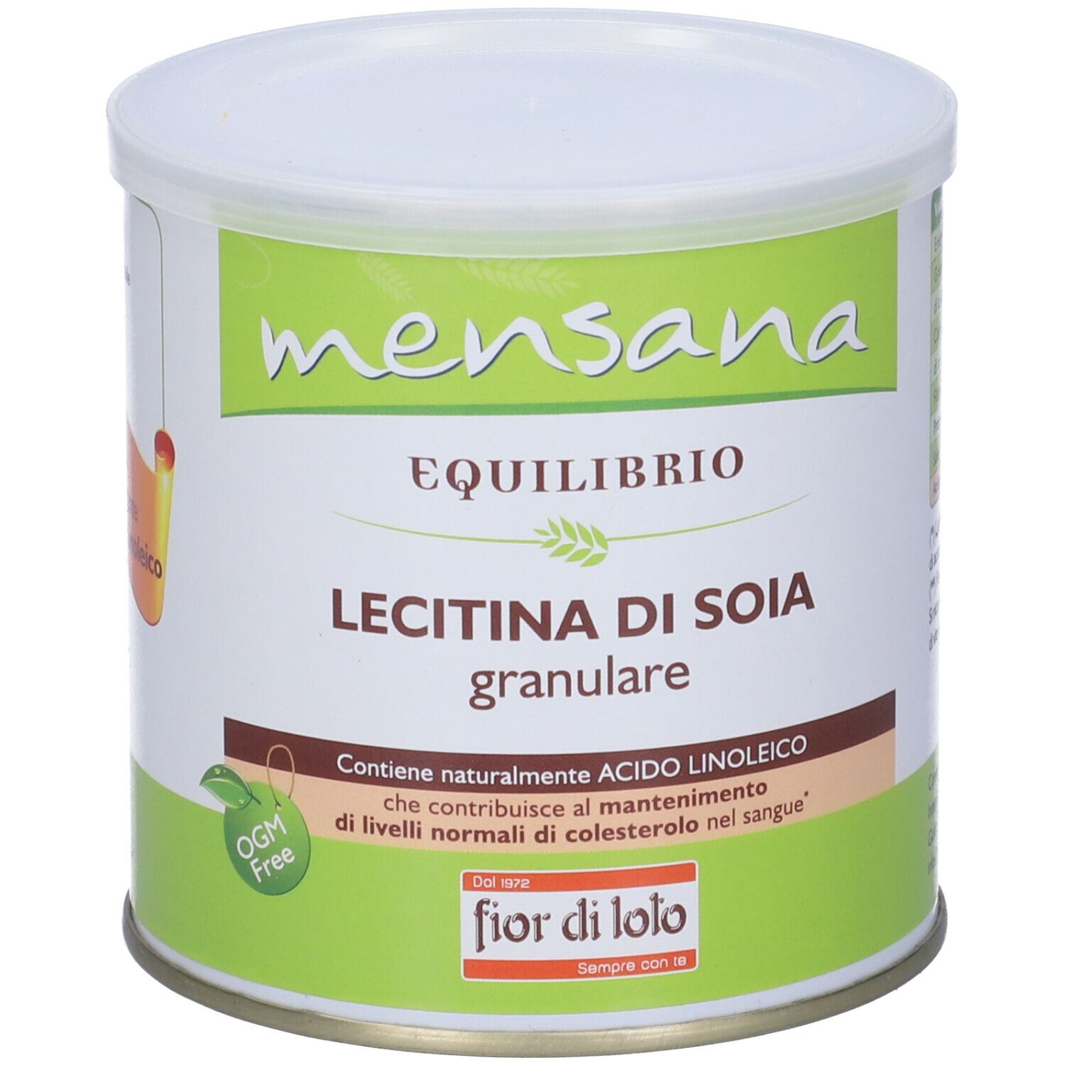 Barattolo rotondo con etichetta verde. Scritta: mensana, EQUILIBRIO, LECITINA DI SOIA granulare. Sigillo OGM Free.