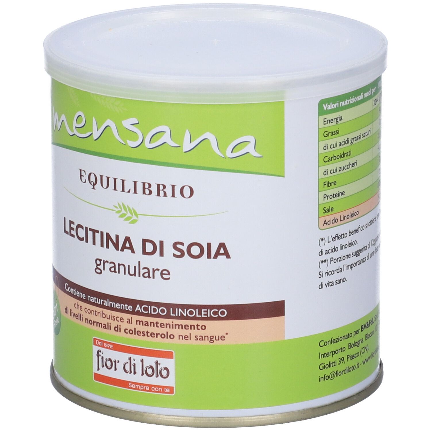 Barattolo rotondo con etichetta verde. Scritta: mensana, EQUILIBRIO, LECITINA DI SOIA granulare. Informazioni nutrizionali.