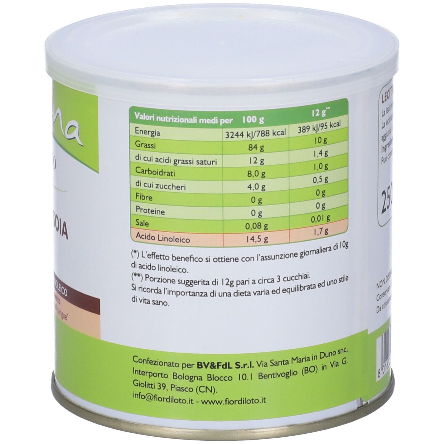 Barattolo rotondo con etichetta verde. Scritta: LECITINA DI SOIA granulare, informazioni nutrizionali. 250 g.