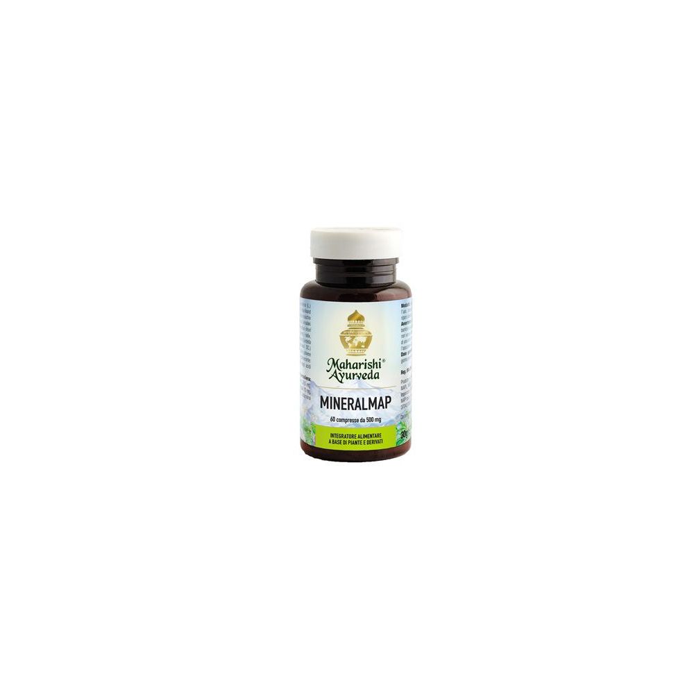 Flacone di compresse marrone con coperchio bianco. Scritta: Mineralmap, Maharishi Ayurveda. 60 compresse.