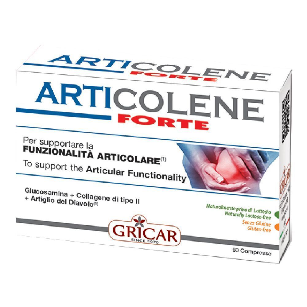 Scatola bianca con logo "Articolene Forte". Contiene 60 compresse. Testo in italiano e inglese. Marchio: GRICAR.