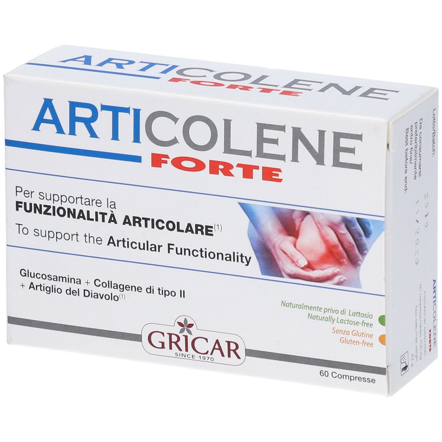 Scatola bianca con logo "Articolene Forte". Contiene 60 compresse. Testo in italiano e inglese. Marchio: GRICAR.