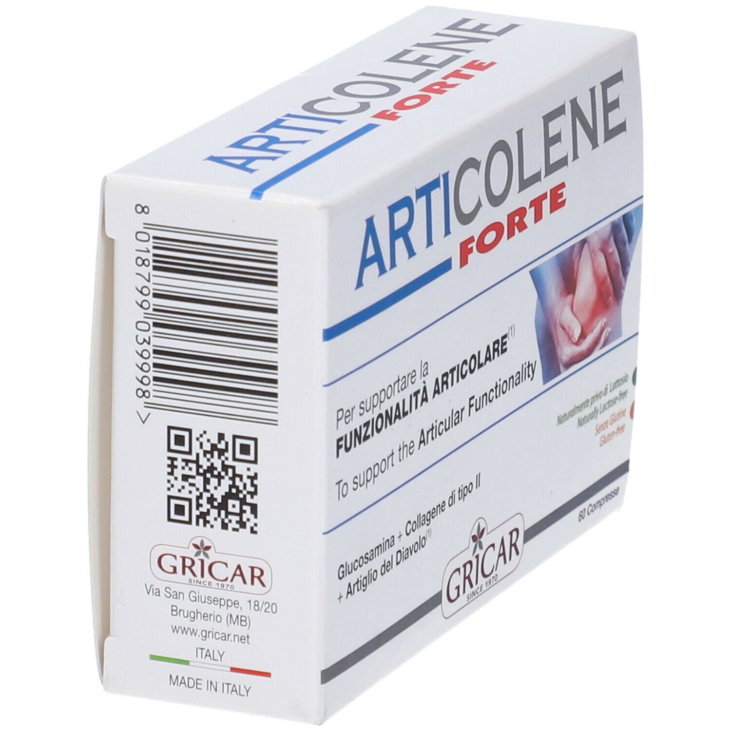 Scatola bianca con logo "Articolene Forte". Contiene 60 compresse. Testo in italiano e inglese. Marchio: GRICAR. Codice a barre e QR.