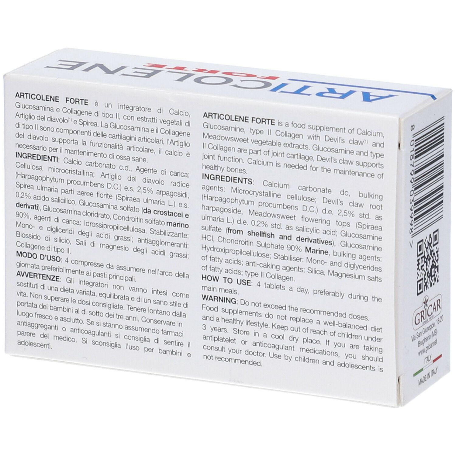 Retro della scatola bianca "Articolene Forte". Contiene ingredienti e istruzioni in inglese e italiano. Marchio: GRICAR.