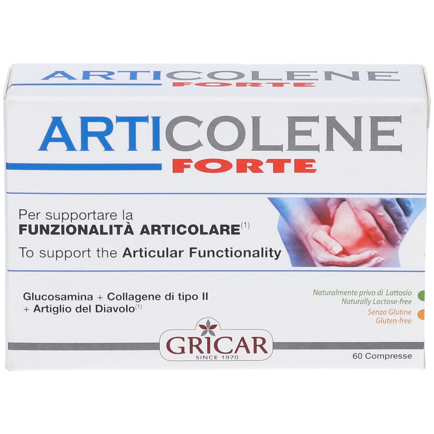Scatola bianca con logo "Articolene Forte". Contiene 60 compresse. Testo in italiano e inglese. Marchio: GRICAR.