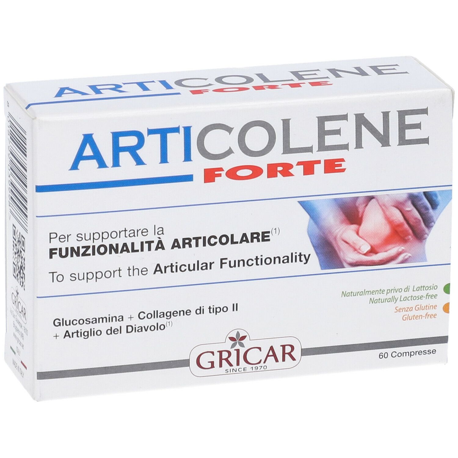 Scatola bianca con logo "Articolene Forte". Contiene 60 compresse. Testo in italiano e inglese. Marchio: GRICAR.
