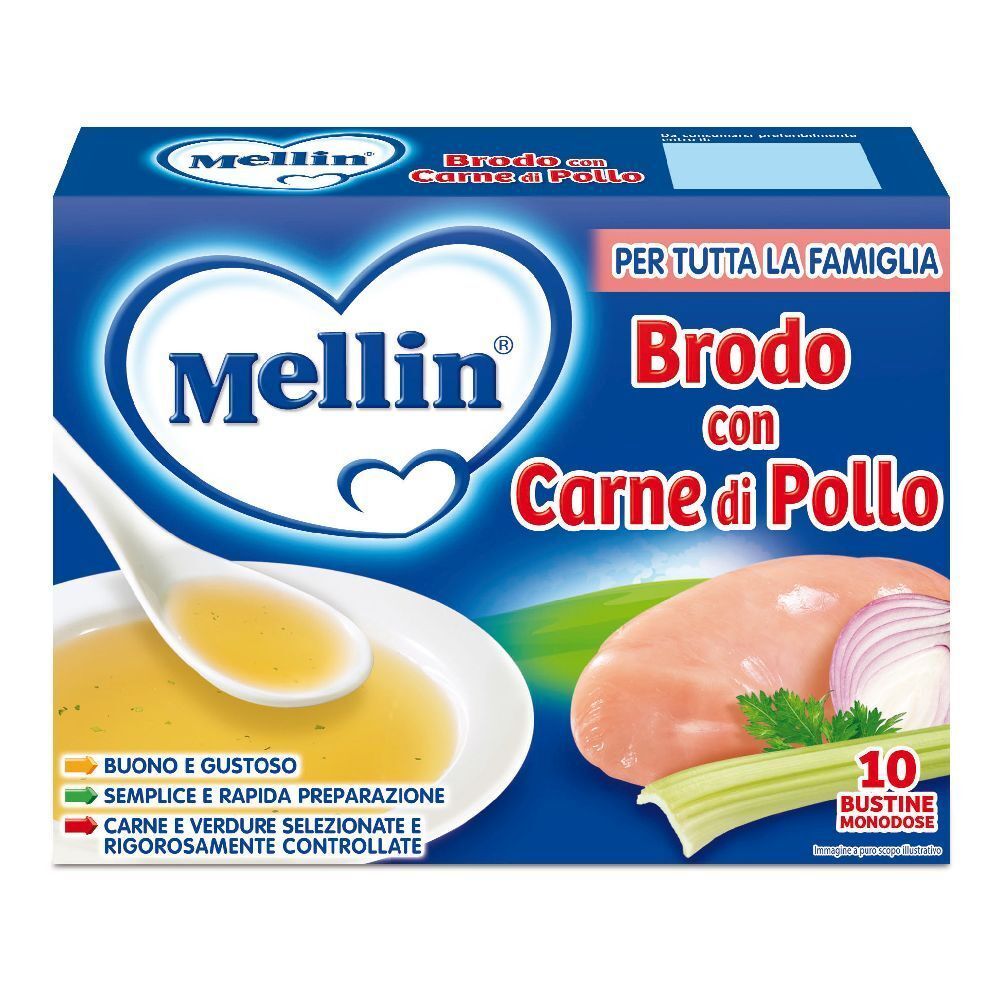 Mellin Brodo Carne di Pollo. Blaue Verpackung mit Suppe, Hühnerfleisch, Gemüse und Löffel. 10 Beutel.