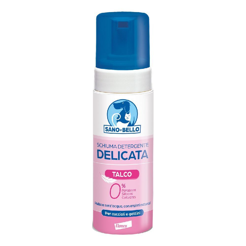 Flacone con erogatore blu. Scritta: Sano-Bello, Schiuma Detergente Delicata, Talco. Per cuccioli e gattini.