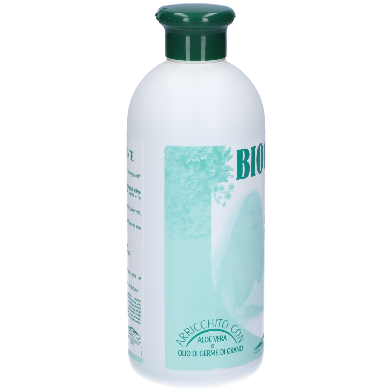 Flacone bianco con tappo verde. Scritta: Biogenase plus verde. Testo: Dermodetergente. Con estratti vegetali.