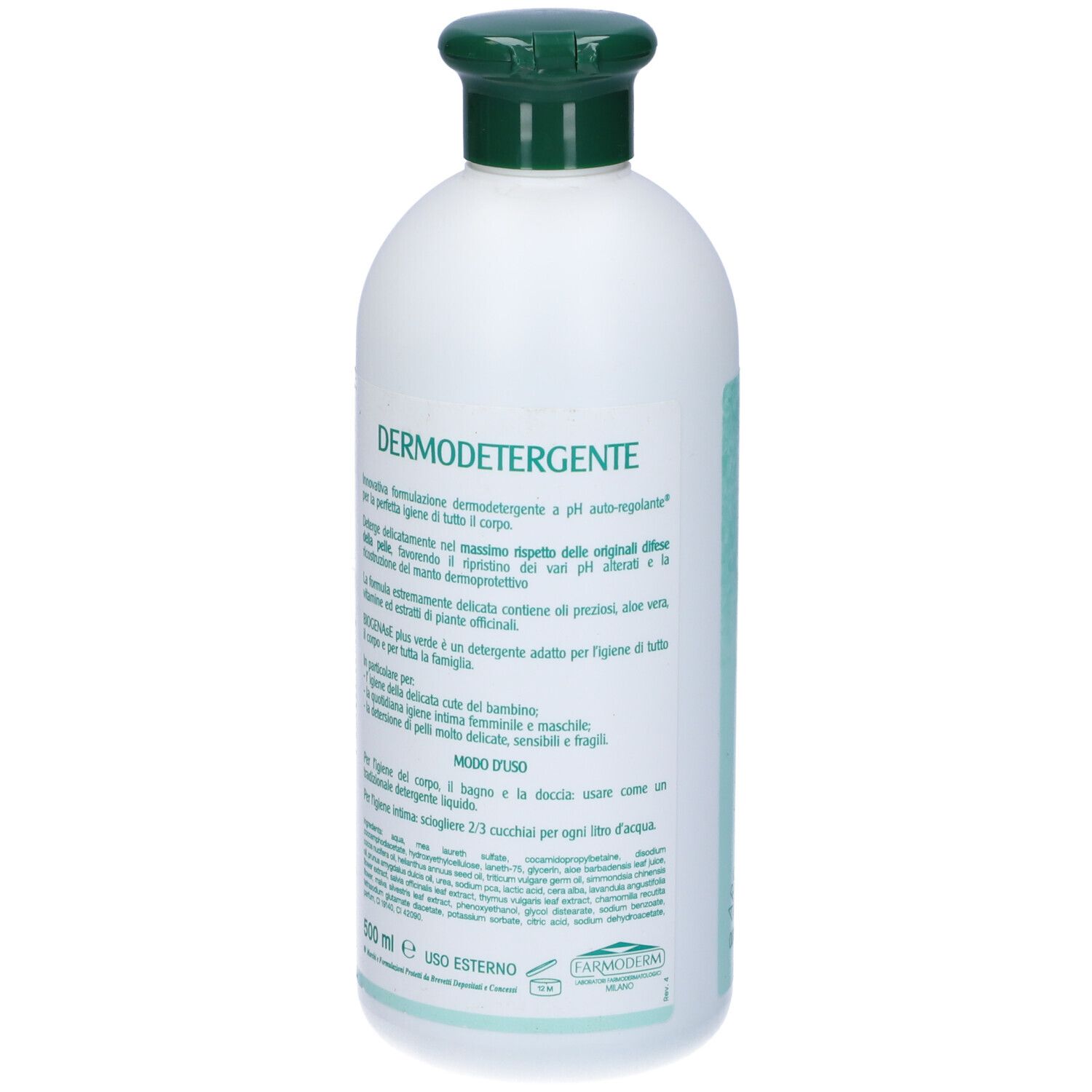 Flacone bianco con tappo verde. Testo: Dermodetergente. Retro con informazioni e ingredienti del prodotto.