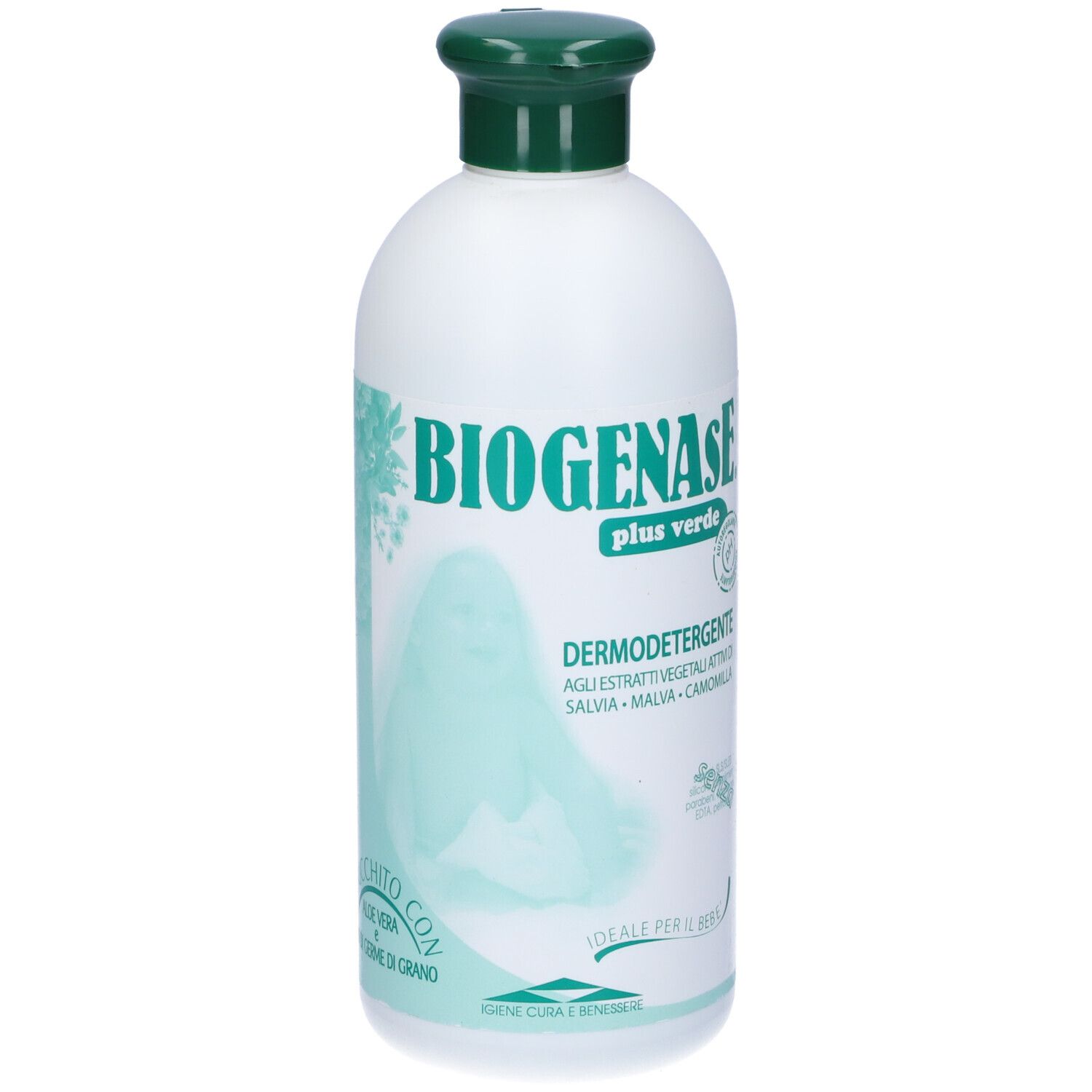Flacone bianco con tappo verde. Scritta: Biogenase plus verde. Testo: Dermodetergente. Con estratti vegetali.