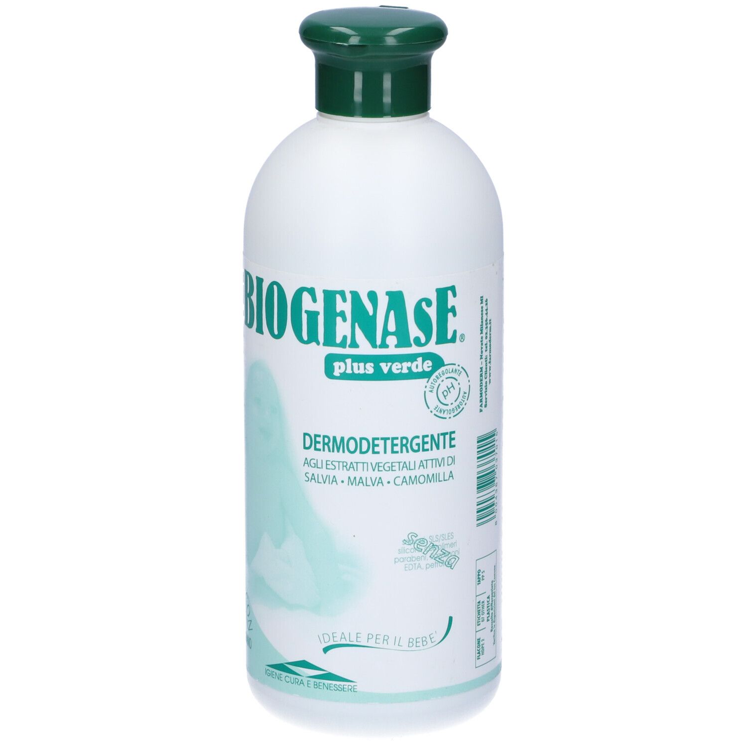 Flacone bianco con tappo verde. Scritta: Biogenase plus verde. Testo: Dermodetergente. Con estratti vegetali.