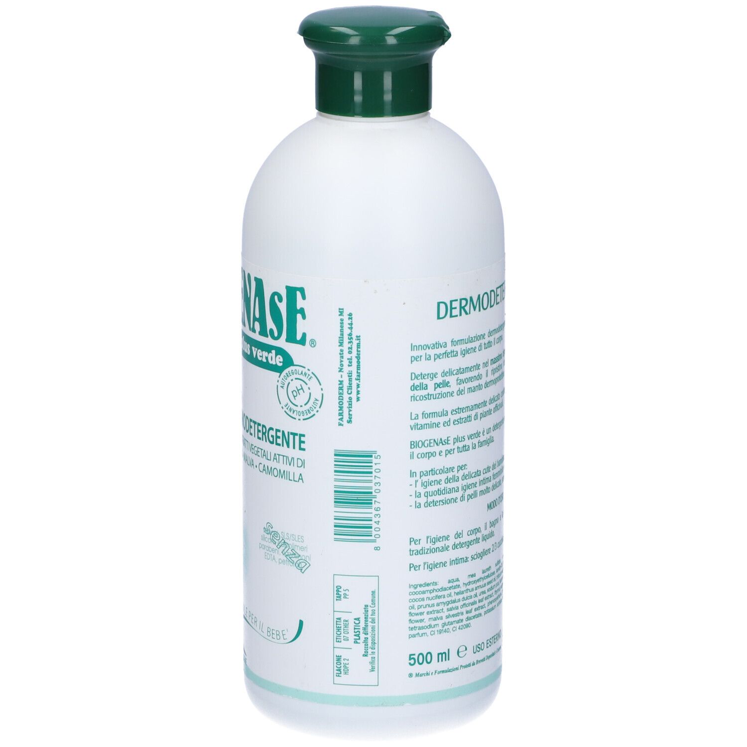 Flacone bianco con tappo verde. Testo: Dermodetergente. Retro con informazioni e ingredienti del prodotto.