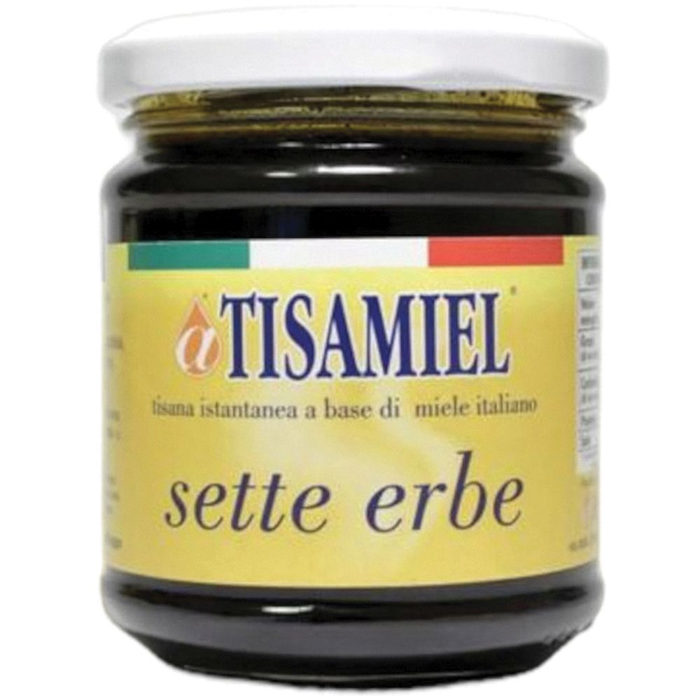 Vaso con etichetta gialla. Scritta: Tisamiel, sette erbe. Bandiera italiana.