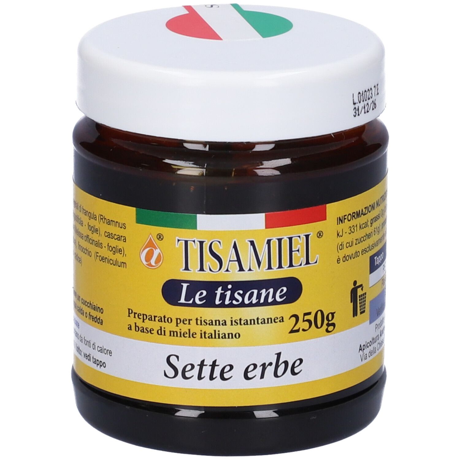 Vaso con etichetta gialla. Scritta: Tisamiel, Le tisane, 250g, sette erbe. Bandiera italiana.