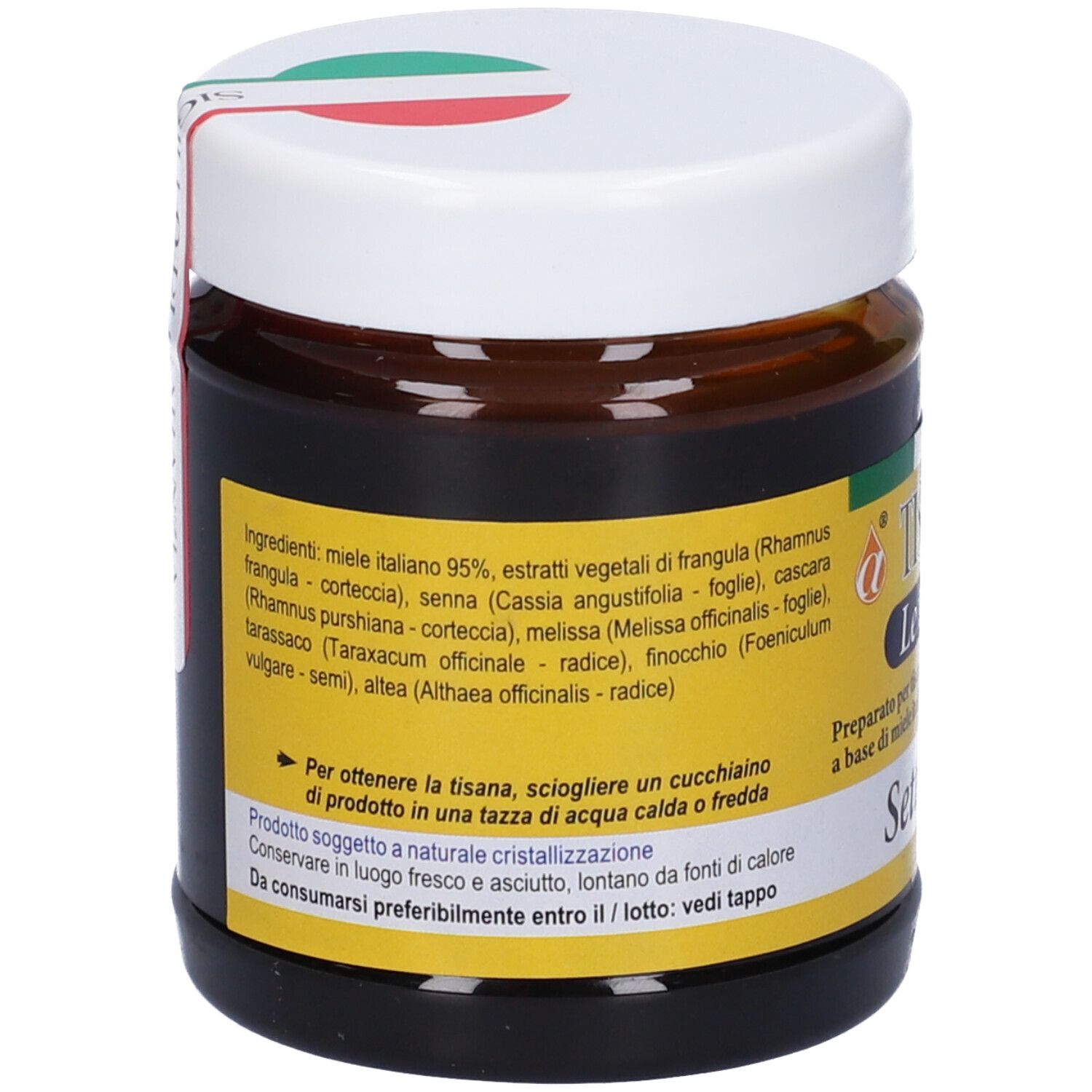 Vaso con etichetta gialla. Scritta: Tisamiel, Le tisane, 250g, sette erbe. Lista ingredienti.