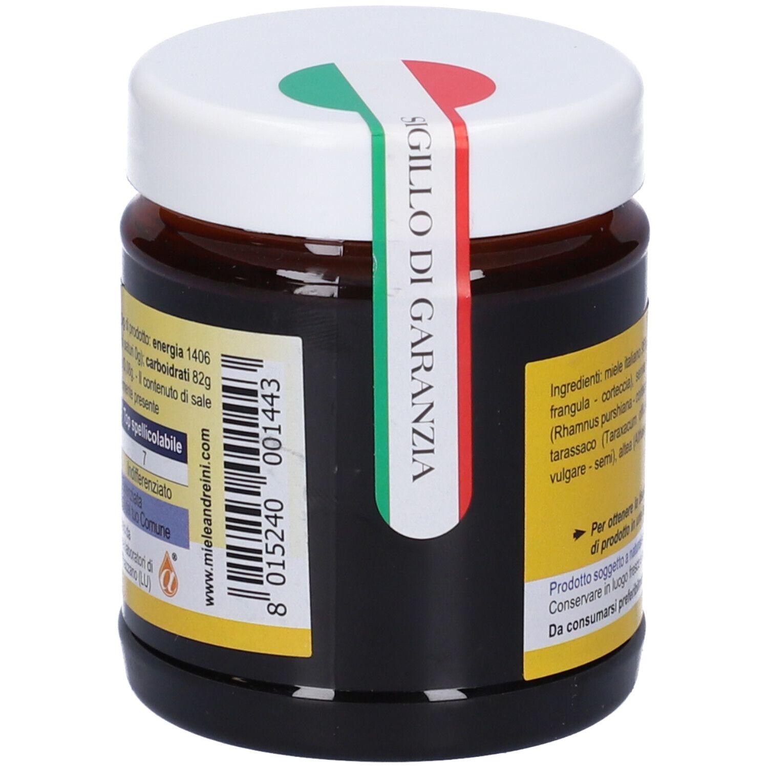 Vaso con etichetta gialla. Scritta: Tisamiel, Le tisane, 250g, sette erbe. Sigillo con bandiera italiana.
