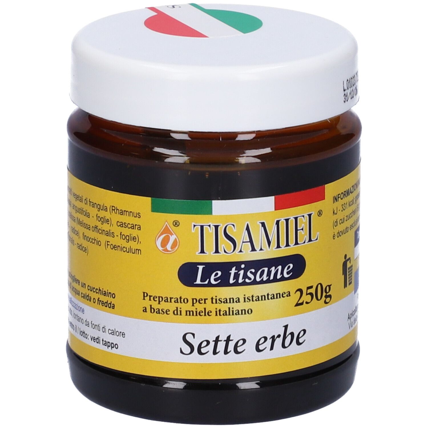 Vaso con etichetta gialla. Scritta: Tisamiel, Le tisane, 250g, sette erbe. Bandiera italiana.