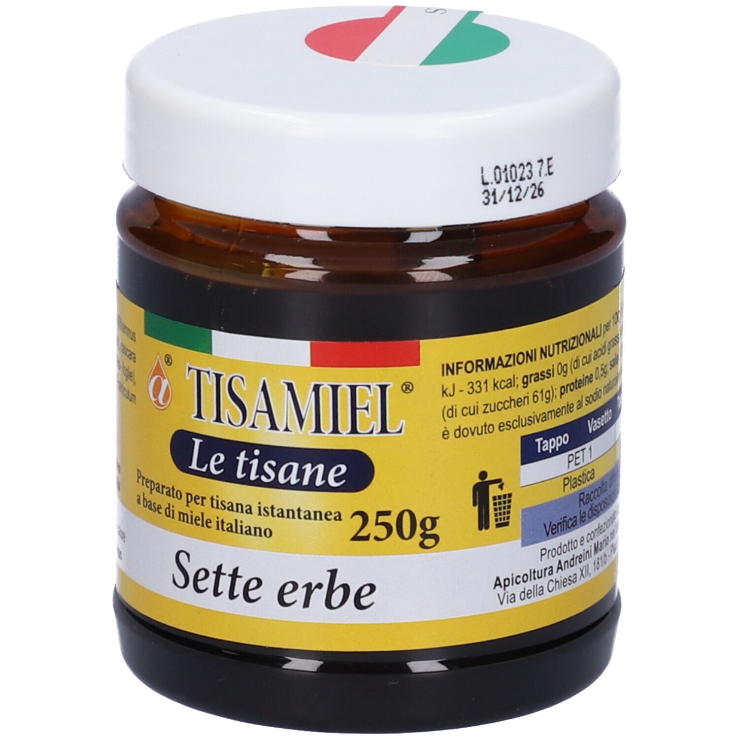 Vaso con etichetta gialla. Scritta: Tisamiel, Le tisane, 250g, sette erbe. Bandiera italiana.