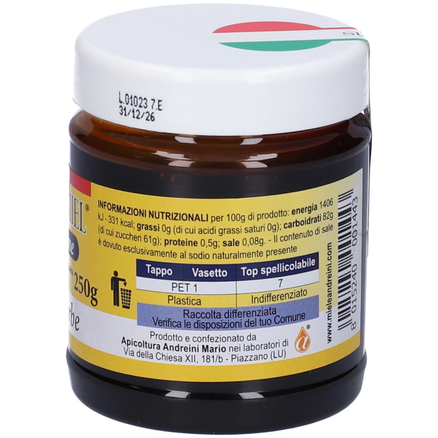 Vaso con etichetta gialla. Scritta: Tisamiel, Le tisane, 250g, sette erbe. Informazioni nutrizionali.