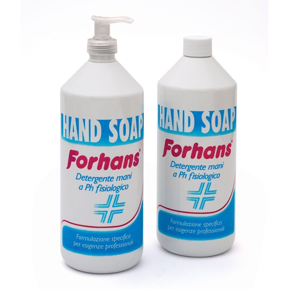 Due flaconi bianchi con etichette blu e rosse. Scritta: HAND SOAP, Forhans, Detergente mani a Ph fisiologico.