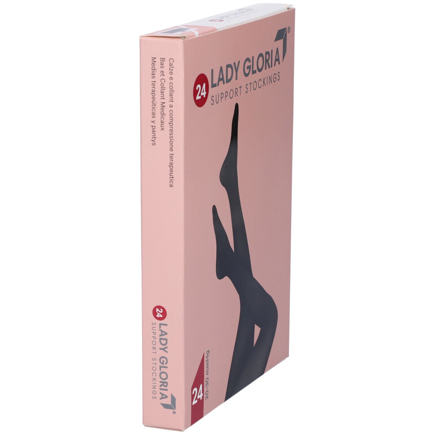 Rosa Verpackung, Seitenansicht. "LADY GLORIA SUPPORT STOCKINGS" und Produktinformationen. Illustration einer schwarzen Strumpfhose.