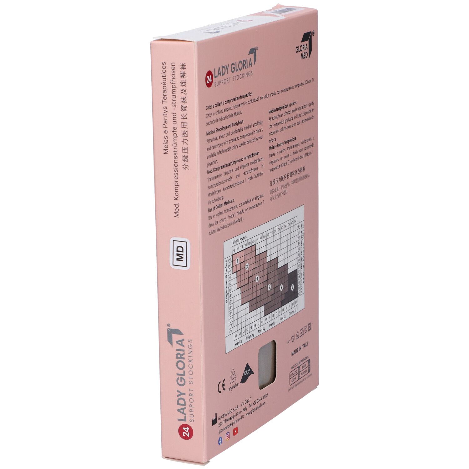 Seitenansicht der rosa Verpackung. Text in mehreren Sprachen. Größentabelle. Logo "GLORIA MED". MD-Kennzeichnung.