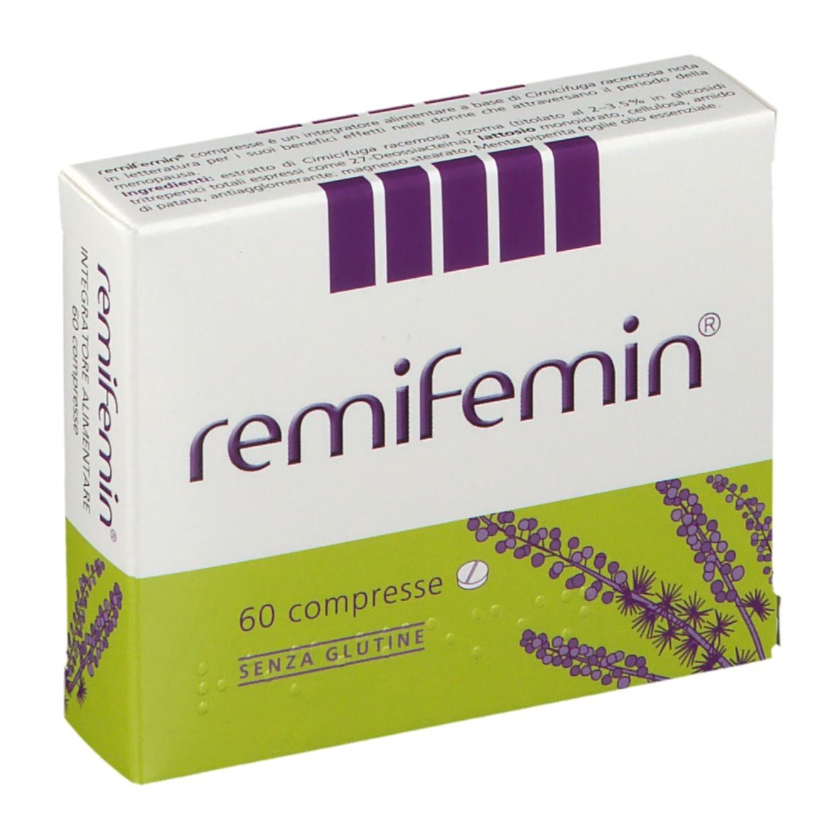 Scatola "remifemin", 60 compresse, senza glutine. Colori viola e verde, illustrazione lavanda.