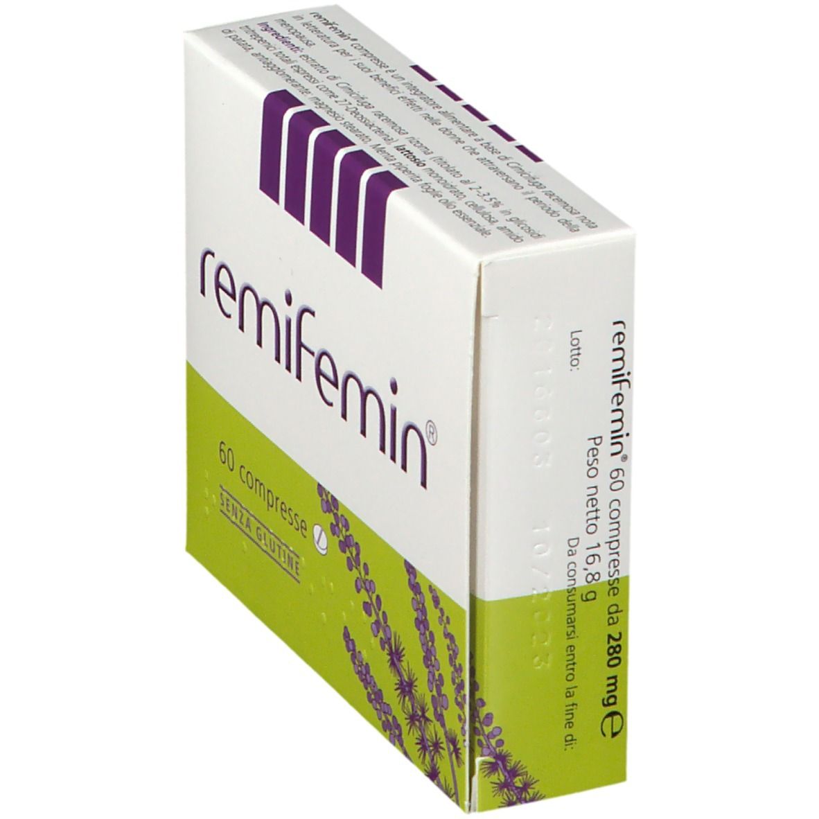 Scatola "remifemin", 60 compresse. Vista laterale, logo viola, colori verde e bianco. Testo e lavanda.