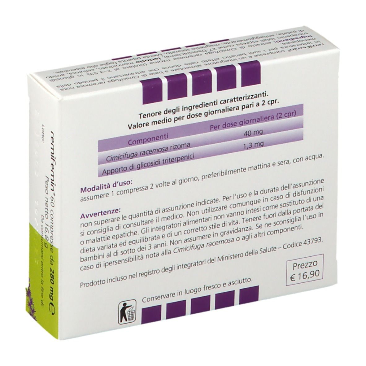 Retro della scatola "remifemin". Testo con ingredienti, dosaggio e avvertenze. Colori viola e verde.