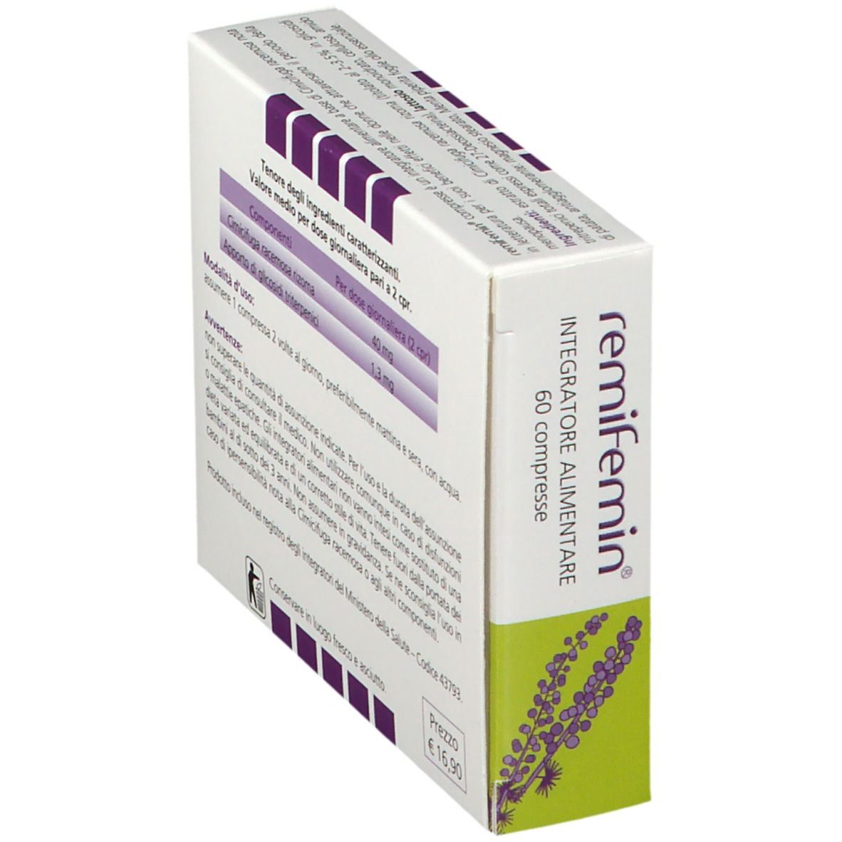 Scatola "remifemin", vista laterale. Testo con ingredienti e dosaggio. Logo viola, colori verde e bianco.