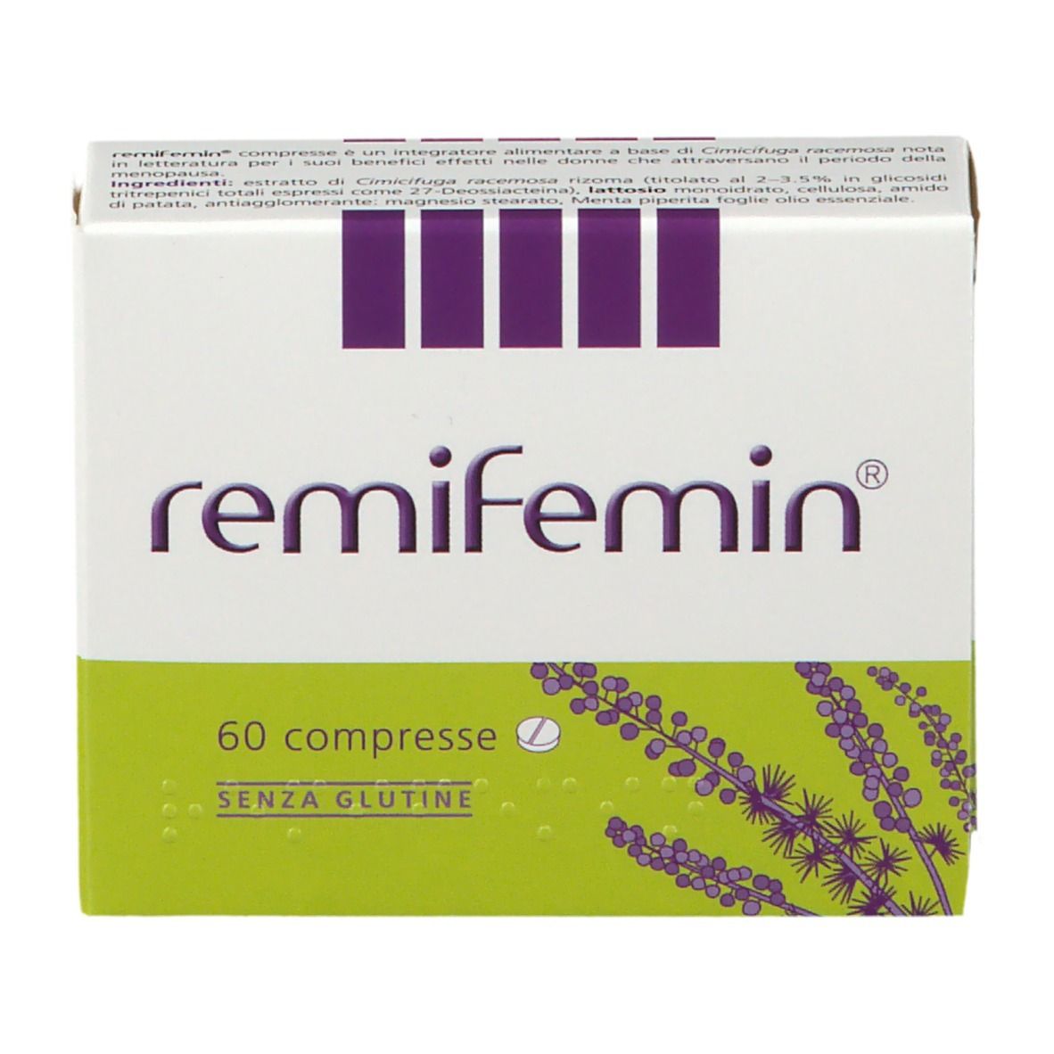 Scatola "remifemin", 60 compresse, senza glutine. Logo viola, colori verde e bianco. Illustrazione lavanda.