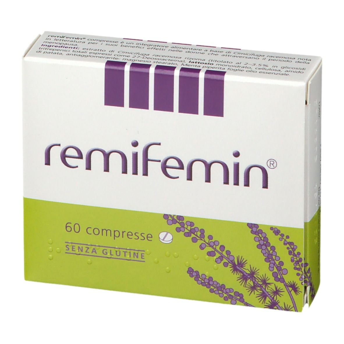 Scatola "remifemin", 60 compresse, senza glutine. Logo viola, colori verde e bianco. Illustrazione lavanda.