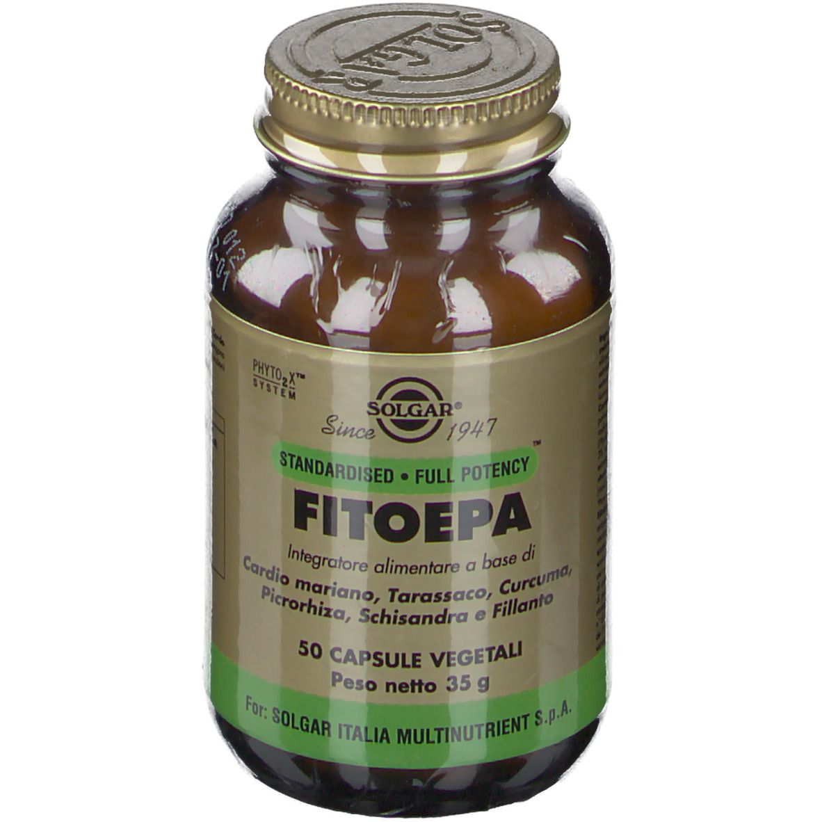 Flacone di vetro marrone con tappo dorato. Etichetta con logo SOLGAR e nome prodotto Fitoepa. 50 capsule, 35g.