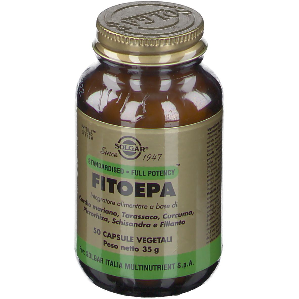 Flacone di vetro marrone con tappo dorato. Etichetta con logo SOLGAR e nome prodotto Fitoepa. 50 capsule, 35g.