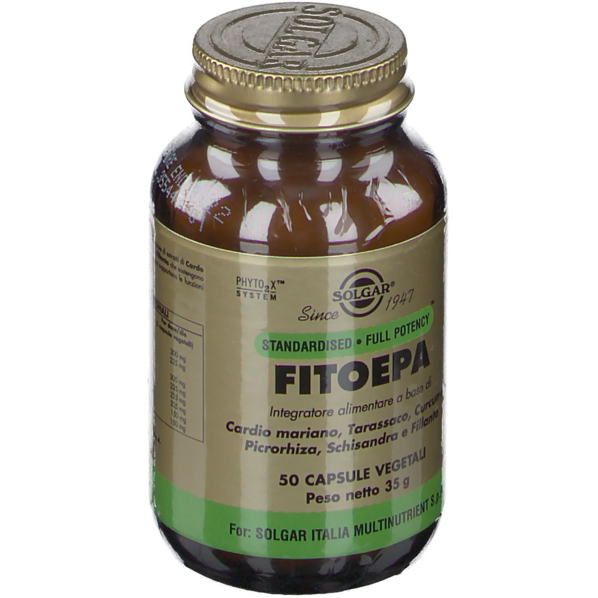 Flacone di vetro marrone con tappo dorato. Etichetta con logo SOLGAR e nome prodotto Fitoepa. 50 capsule, 35g.