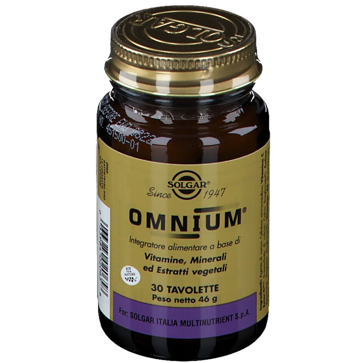 Flacone di vetro marrone con tappo dorato. Scritta: Omnium, 30 compresse. Marchio: Solgar.