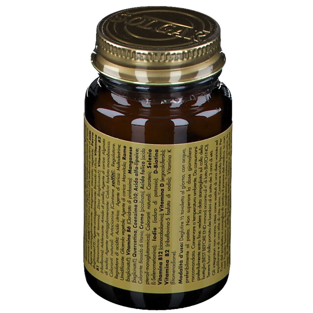 Flacone di vetro marrone con tappo dorato. Retro con ingredienti. Marchio: Solgar.