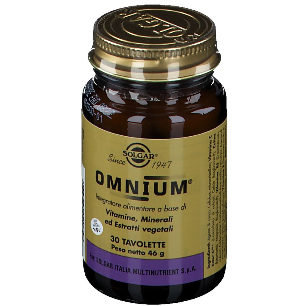 Flacone di vetro marrone con tappo dorato. Scritta: Omnium, 30 compresse. Marchio: Solgar.