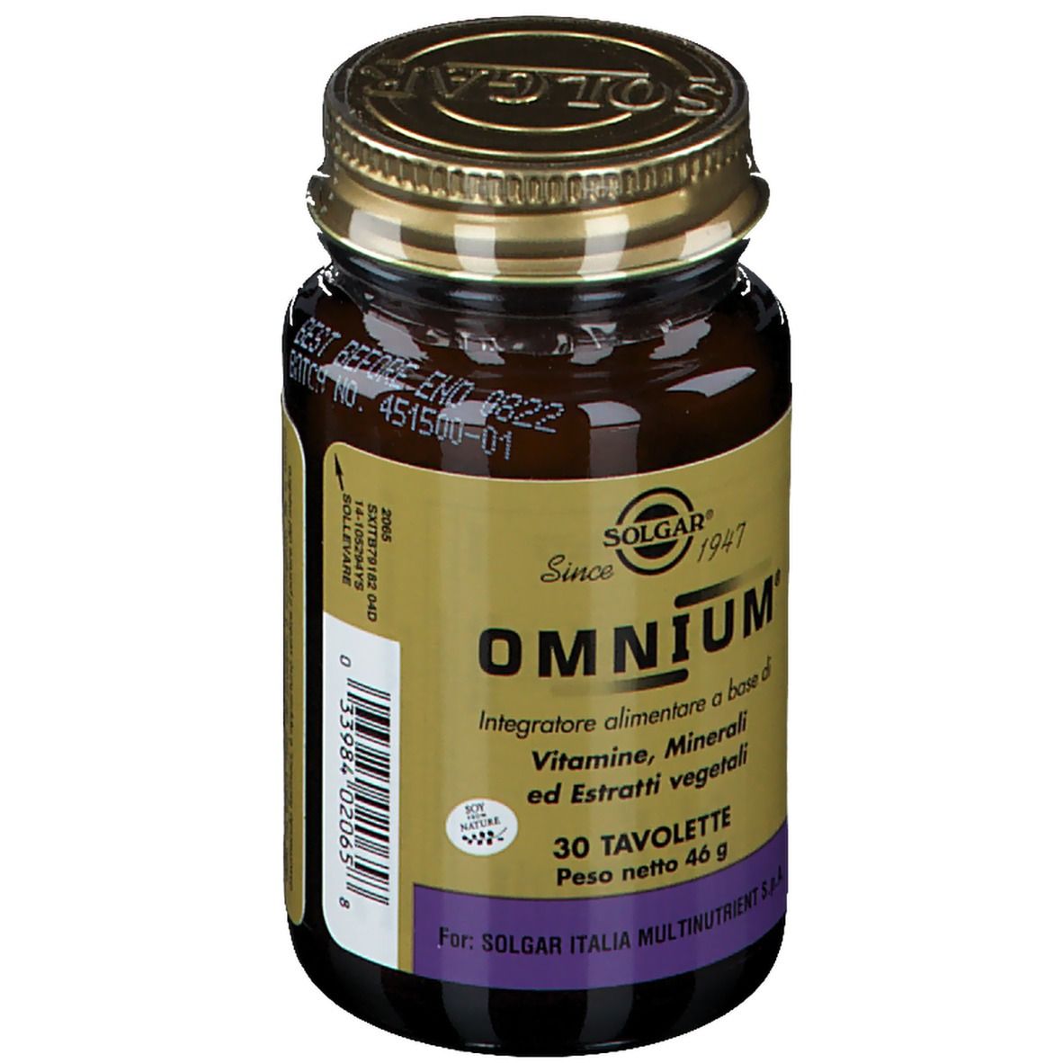 Flacone di vetro marrone con tappo dorato. Scritta: Omnium, 30 compresse. Marchio: Solgar.