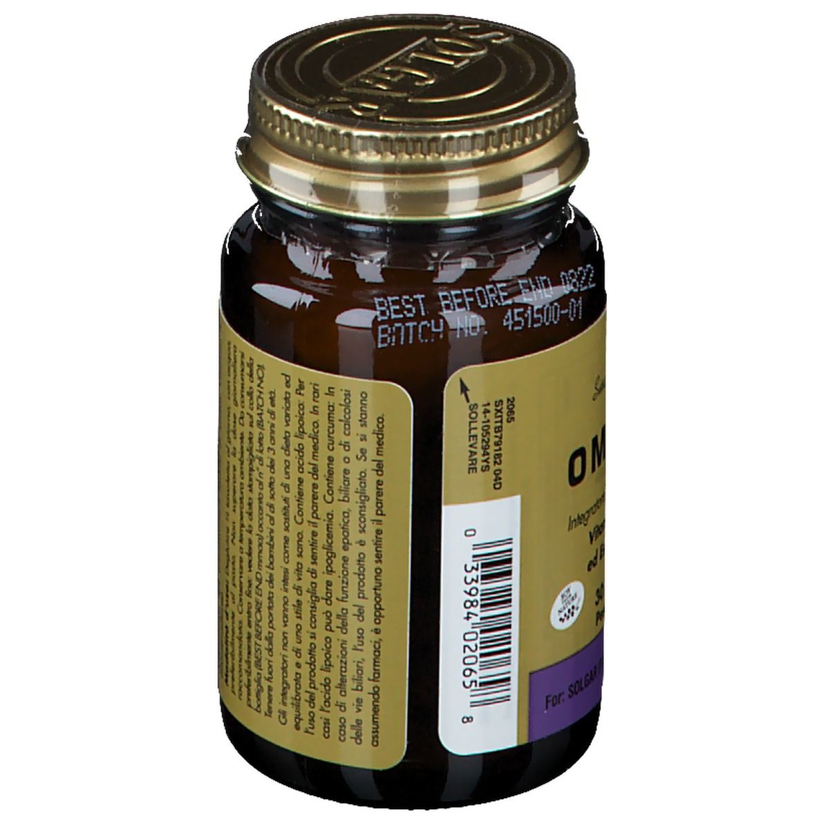 Flacone di vetro marrone con tappo dorato. Retro con ingredienti. Marchio: Solgar.