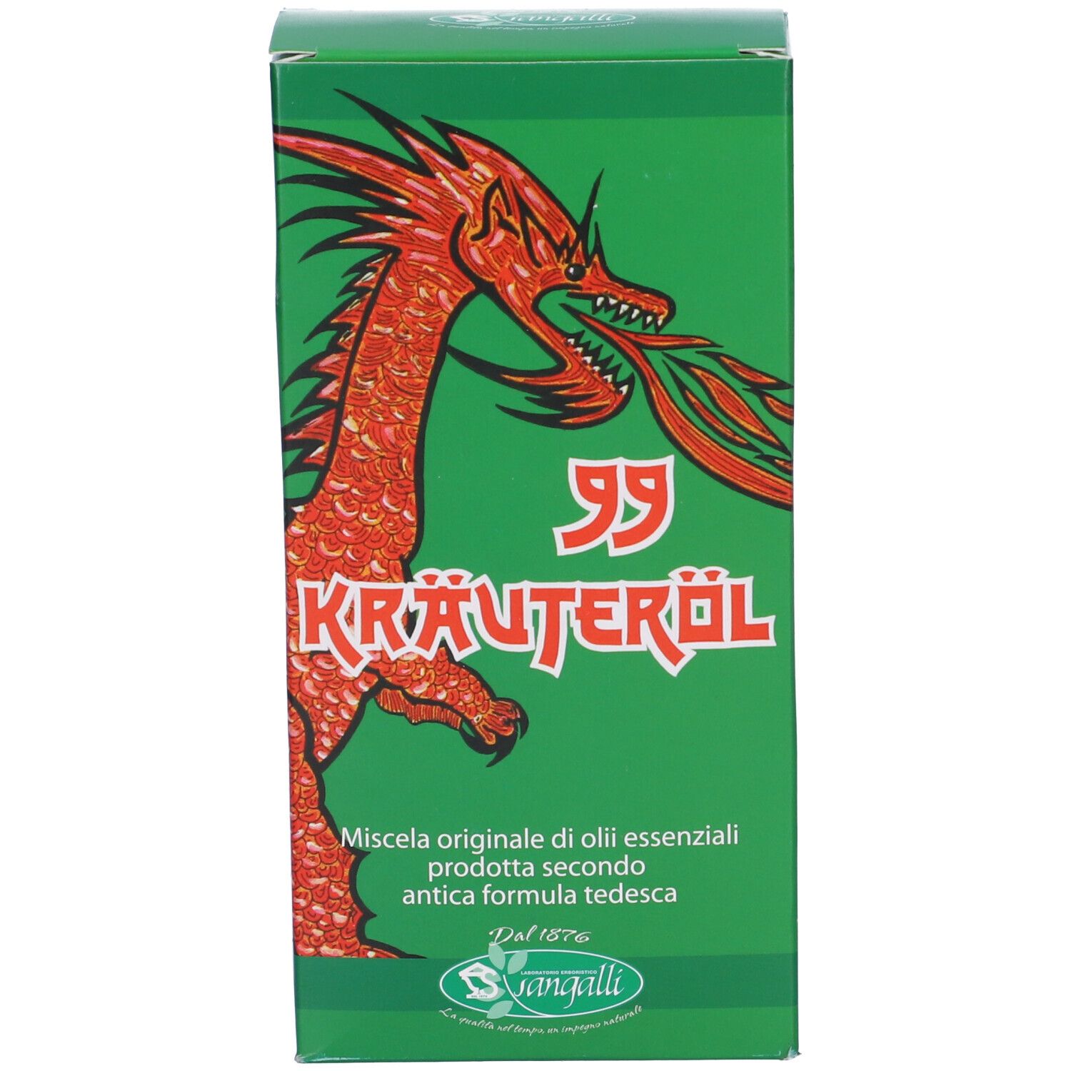 Scatola verde con logo drago rosso e scritta.