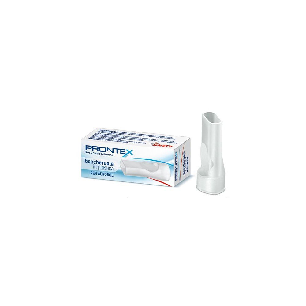 Boccheruola per aerosol in plastica bianca e confezione. Scritta: PRONTEX, boccheruola in plastica per aerosol.