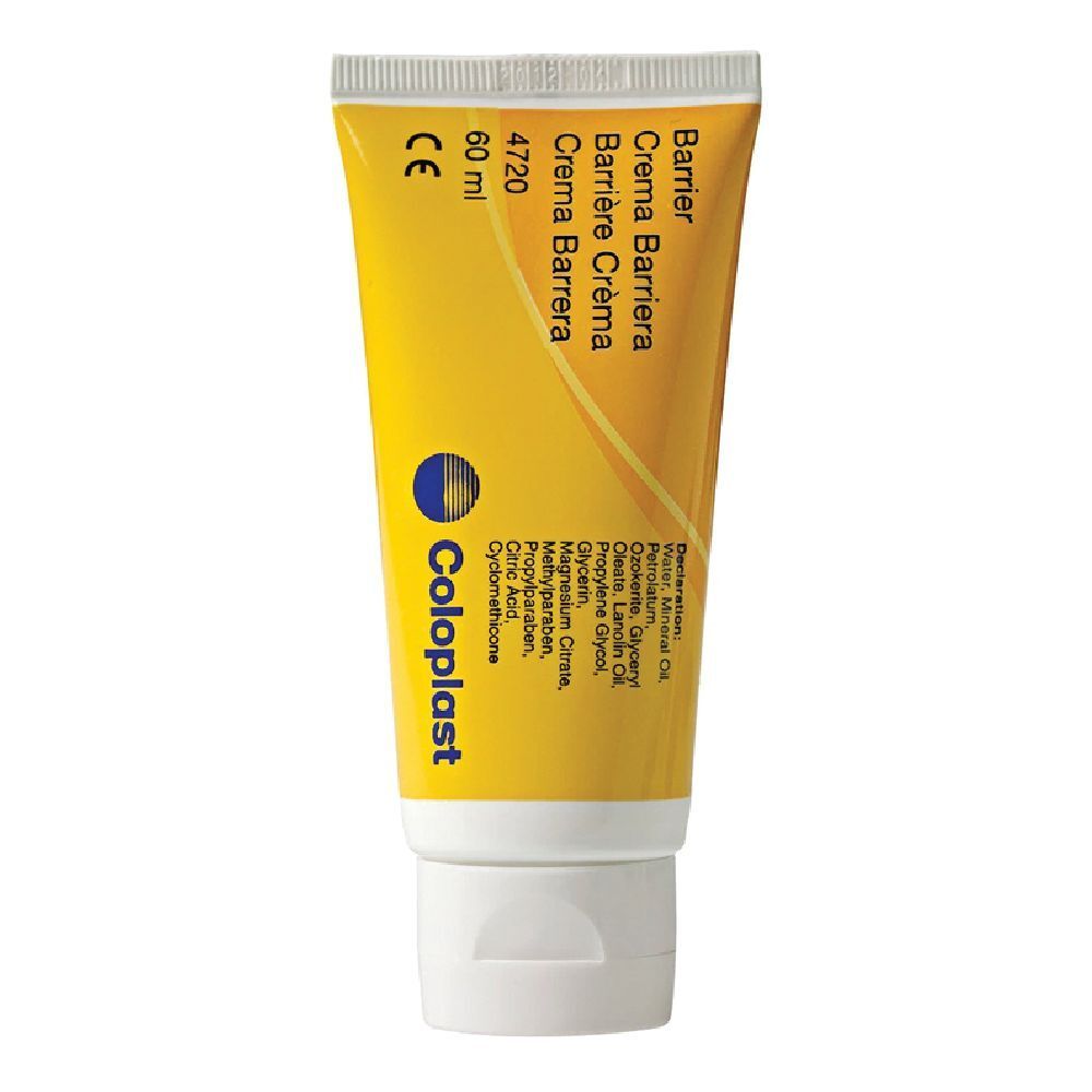 Tubo giallo con tappo bianco. Scritta: Barrier Crema, 60 ml, logo Coloplast.