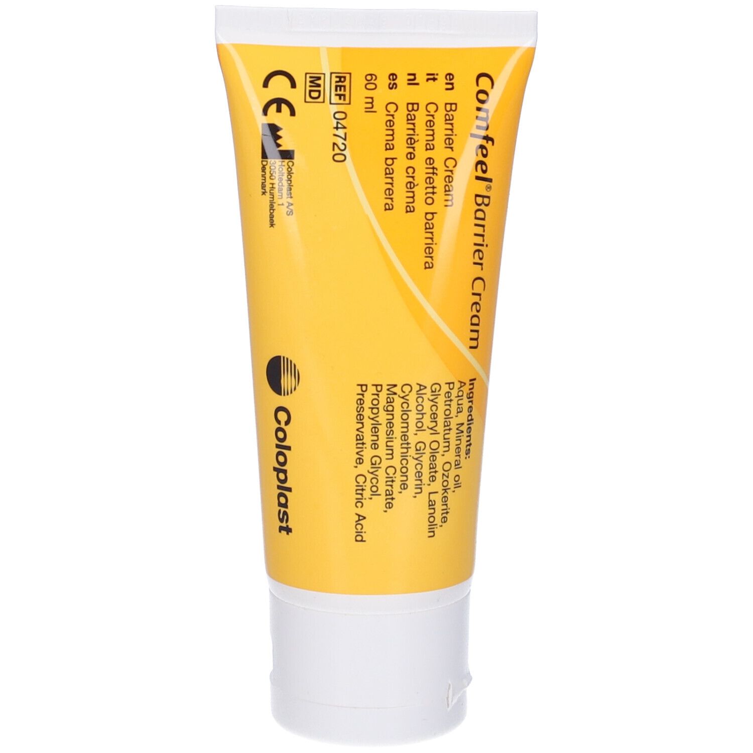 Tubo giallo con tappo bianco. Scritta: Comfeel Barrier Cream, logo Coloplast.